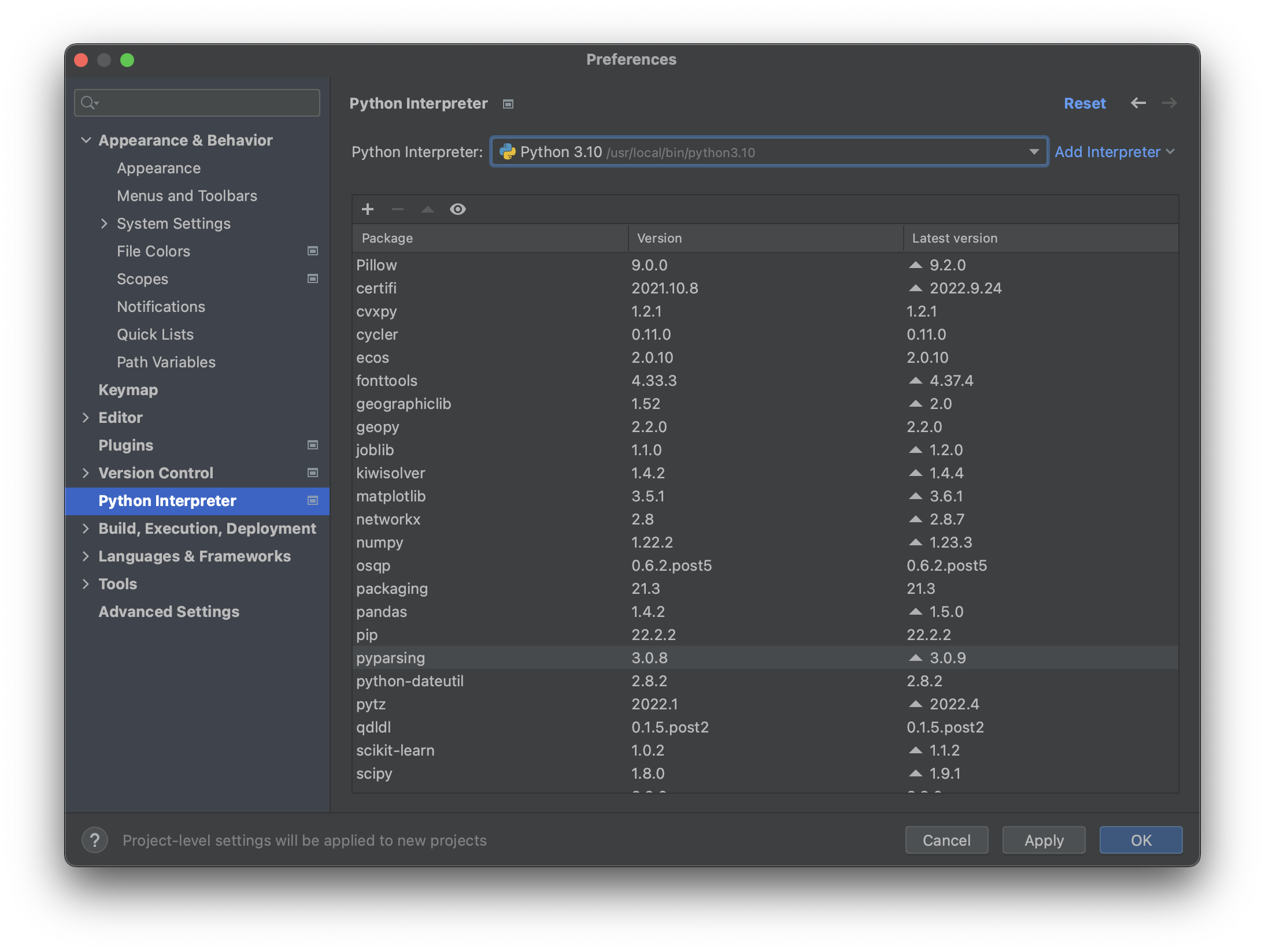 PyCharm interpreter preferences screen, now with additional information from the recently applied Python interpreter selection
