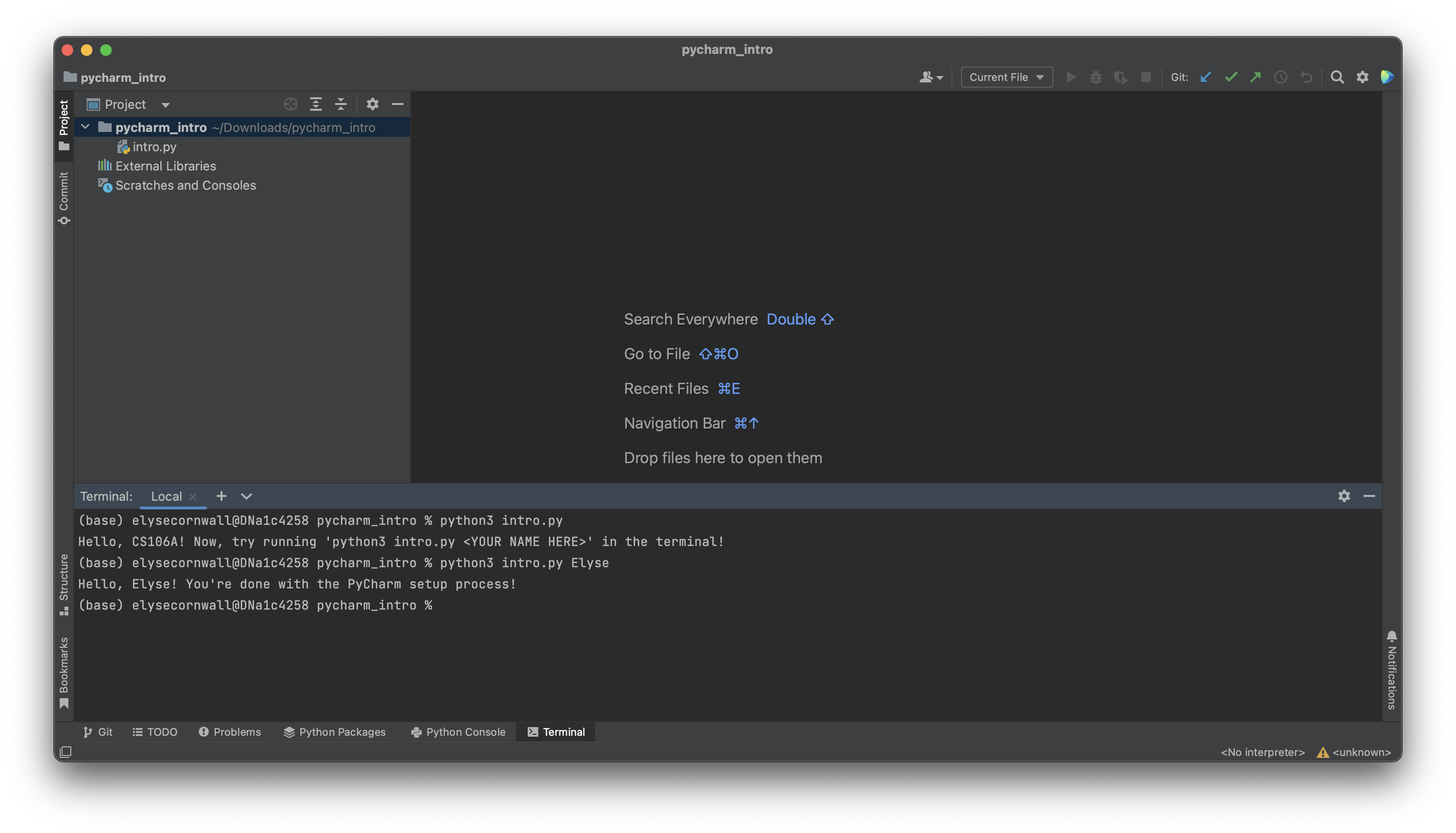 PyCharm window showing off the terminal. It just ran python3 intro.py Elyse